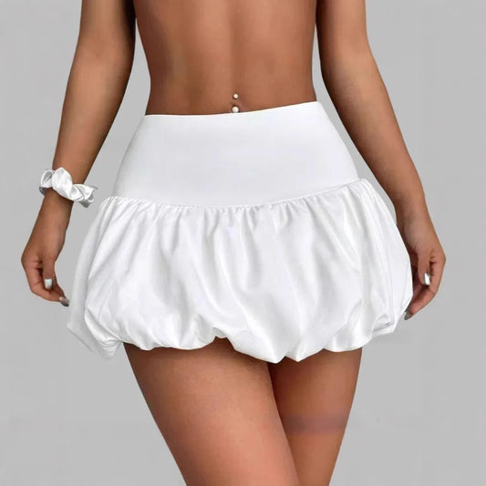 Women Ruffle Hem Ruched Puffy Short Skirt Elastic Waist Patchwork Pleated Bubble Mini Skirt Girls Cute Balloon Skirt Streetwear