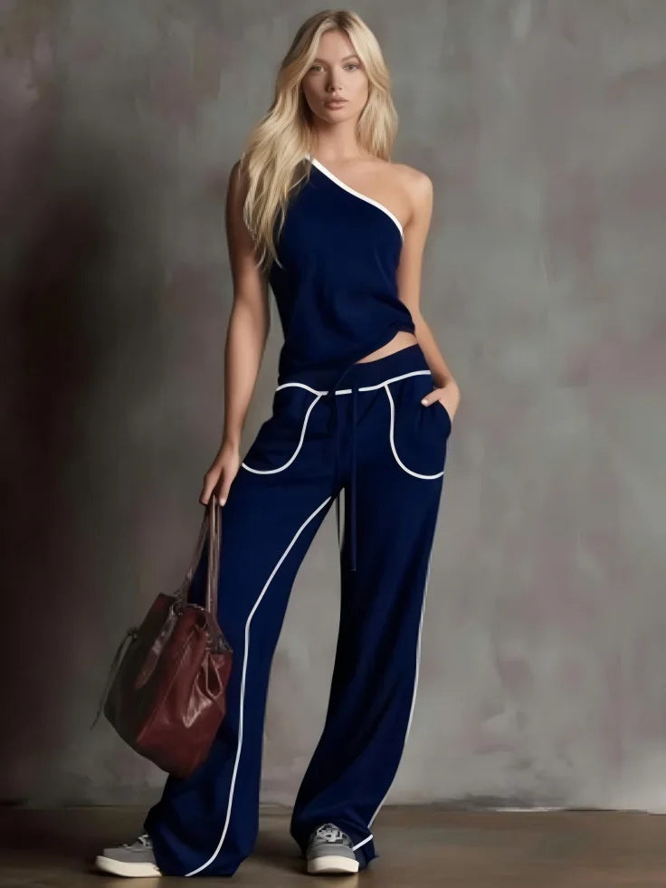 New Summer Women's Casual Straight Wide-leg Pants + Slanted Shoulder Short Fashion Top Two-piece Set Woman Fashion Sporty Suit