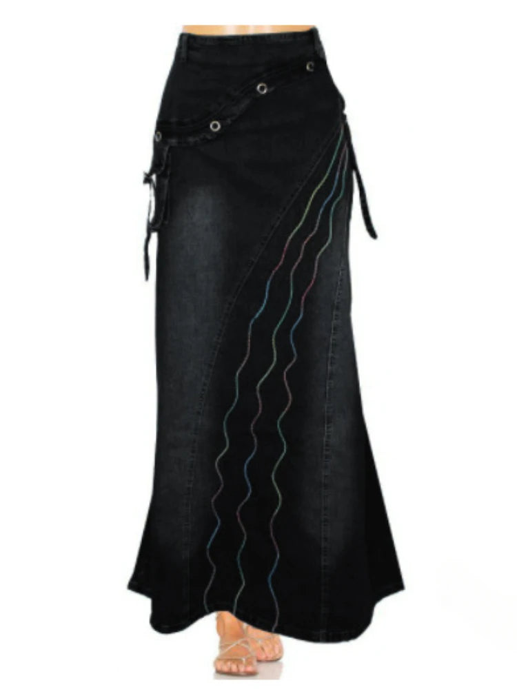 Long Skirt High Waist Vintage Print Women 2024 Autumn Temperament Patchwork Pocket Big Swing Female Denim Fishtail Skirts