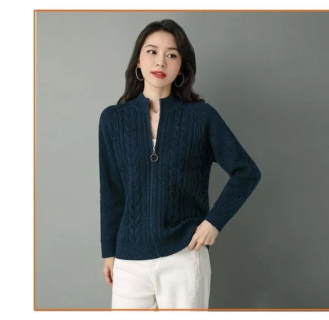 High Collar Zipper Knitted Cardigan