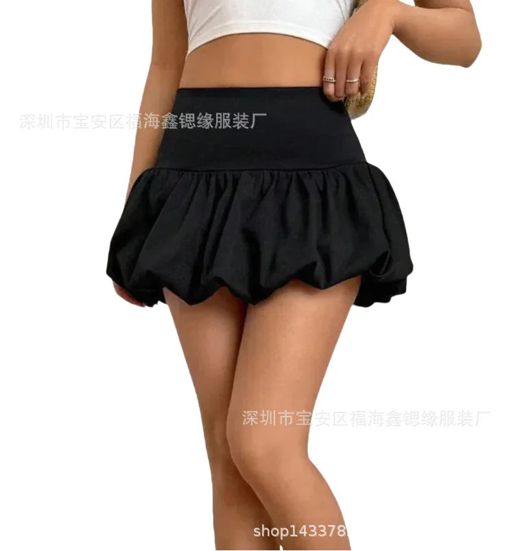 Women Ruffle Hem Ruched Puffy Short Skirt Elastic Waist Patchwork Pleated Bubble Mini Skirt Girls Cute Balloon Skirt Streetwear