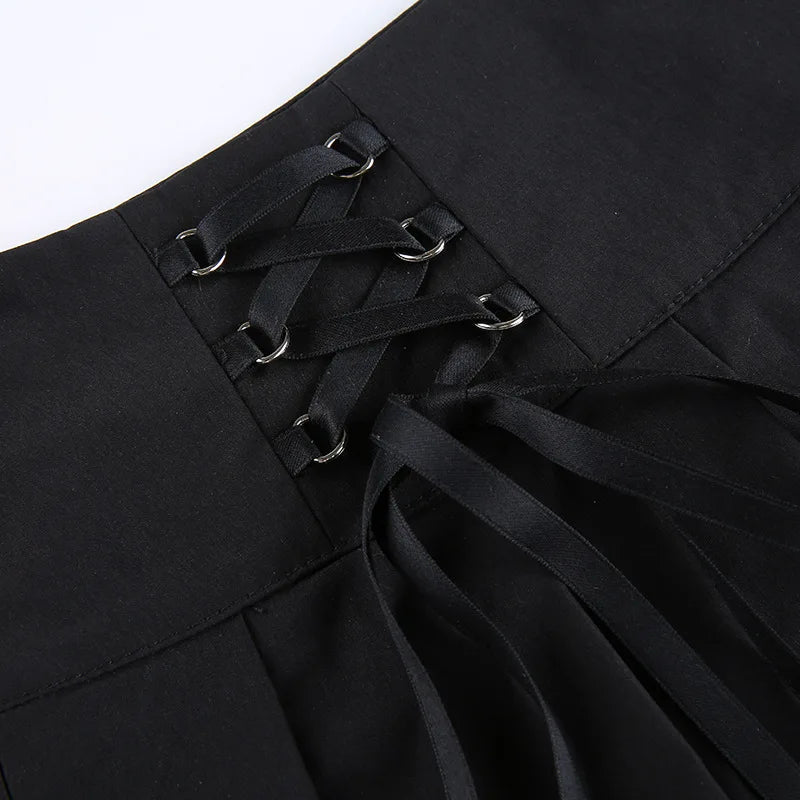 Girl Retro Pleated Skirt Lace Up High Waist Plaid Mesh Stitching Hem Y2K Aesthetic Gothic Black Mini Skirts Bodycon