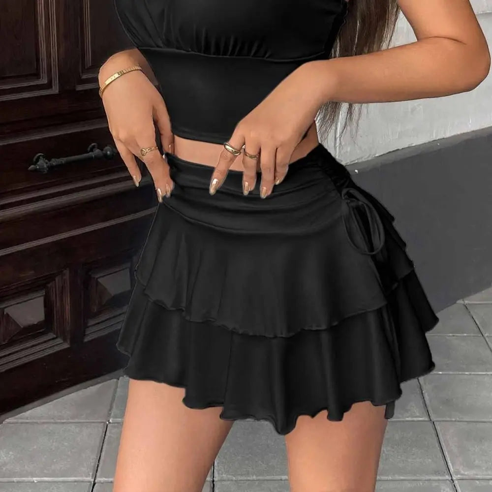 Solid Color Lace Up Girls Short Mini Skirt Ruffle Slim Fit High Waist A-line Skirt Teens Cake Dress Pleated Mini Skirts Summer