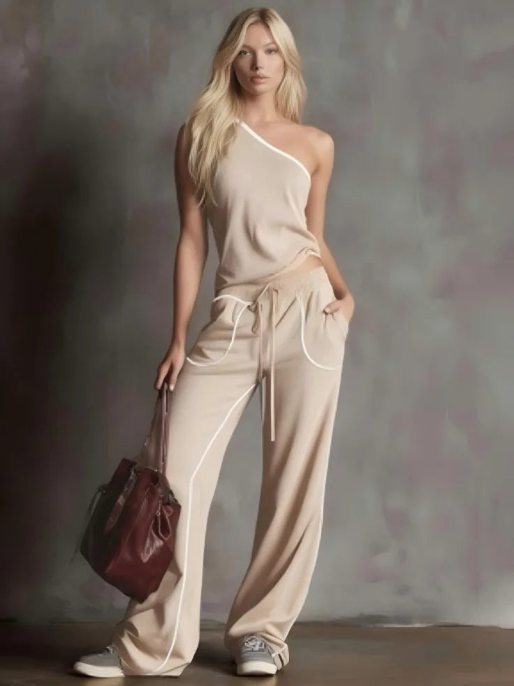 New Summer Women's Casual Straight Wide-leg Pants + Slanted Shoulder Short Fashion Top Two-piece Set Woman Fashion Sporty Suit