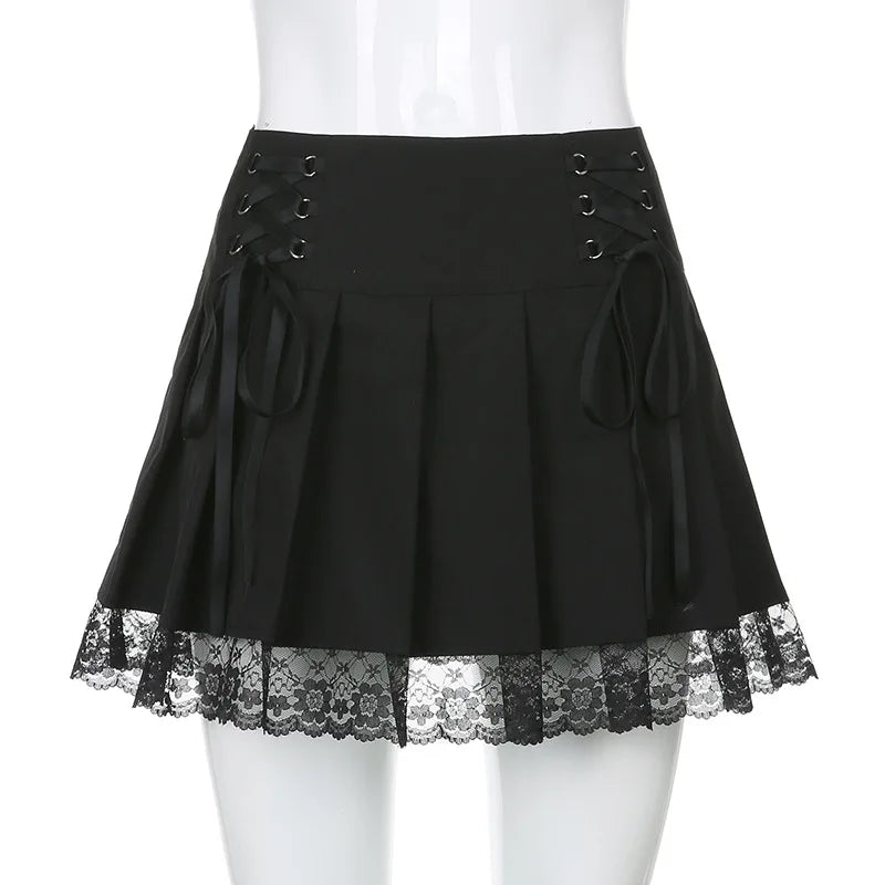 Girl Retro Pleated Skirt Lace Up High Waist Plaid Mesh Stitching Hem Y2K Aesthetic Gothic Black Mini Skirts Bodycon