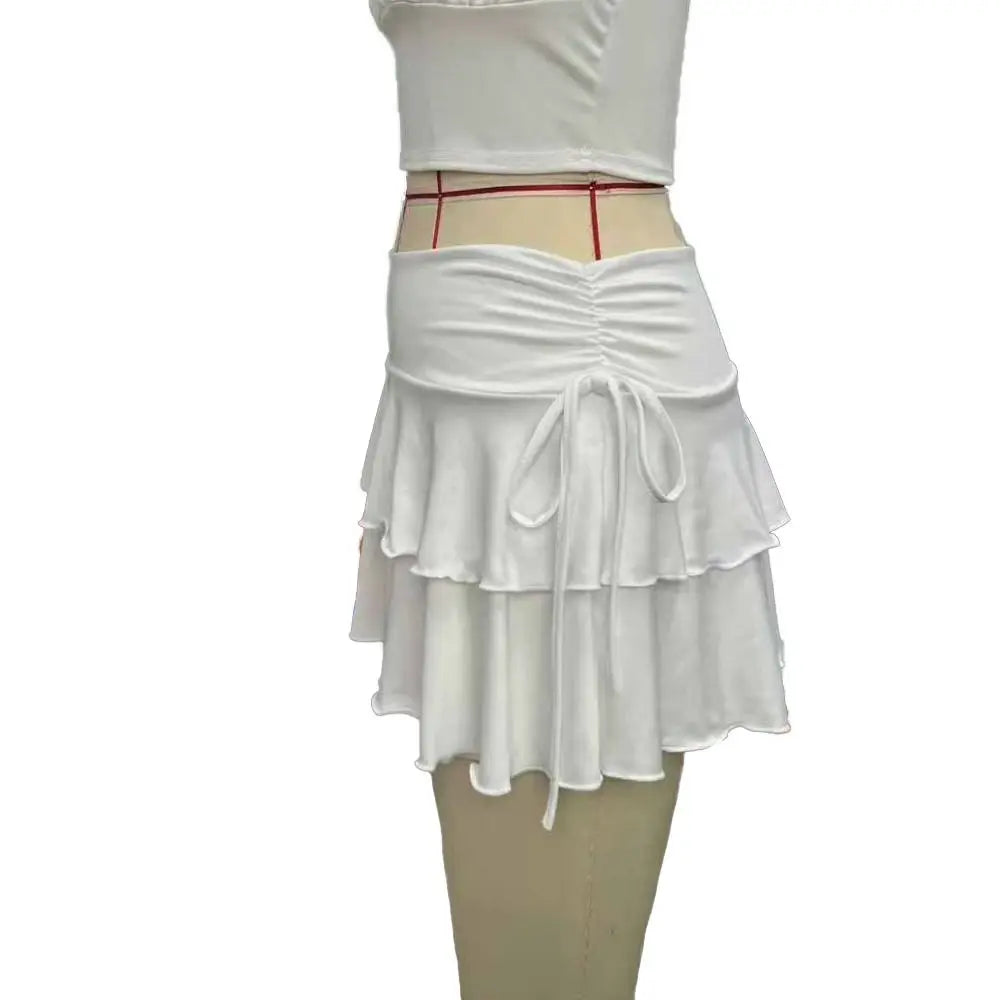 Solid Color Lace Up Girls Short Mini Skirt Ruffle Slim Fit High Waist A-line Skirt Teens Cake Dress Pleated Mini Skirts Summer