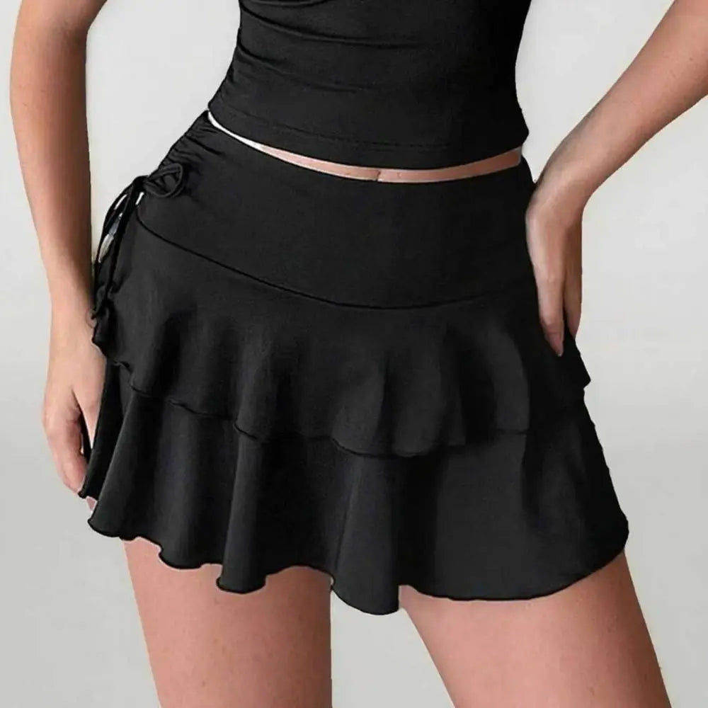 Solid Color Lace Up Girls Short Mini Skirt Ruffle Slim Fit High Waist A-line Skirt Teens Cake Dress Pleated Mini Skirts Summer