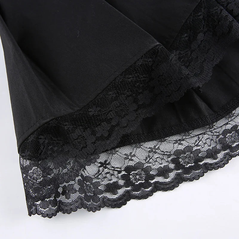 Girl Retro Pleated Skirt Lace Up High Waist Plaid Mesh Stitching Hem Y2K Aesthetic Gothic Black Mini Skirts Bodycon