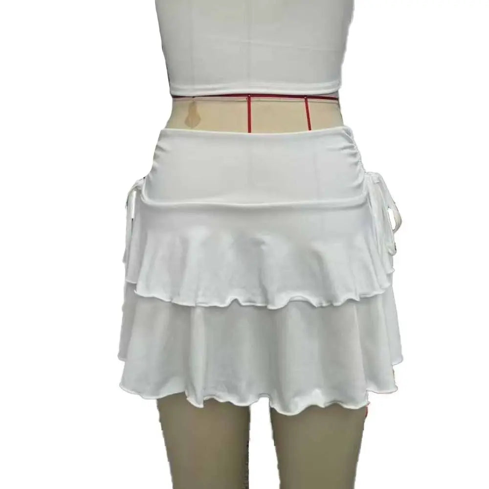 Solid Color Lace Up Girls Short Mini Skirt Ruffle Slim Fit High Waist A-line Skirt Teens Cake Dress Pleated Mini Skirts Summer