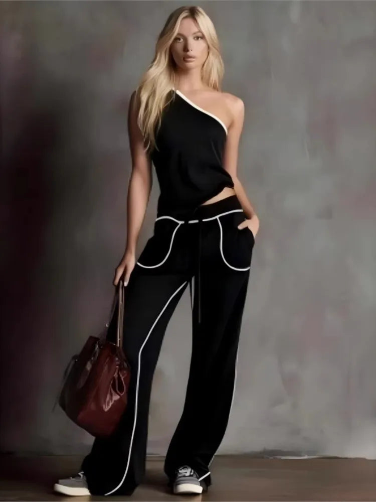 New Summer Women's Casual Straight Wide-leg Pants + Slanted Shoulder Short Fashion Top Two-piece Set Woman Fashion Sporty Suit