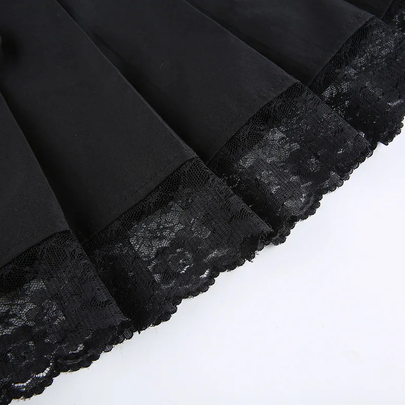 Girl Retro Pleated Skirt Lace Up High Waist Plaid Mesh Stitching Hem Y2K Aesthetic Gothic Black Mini Skirts Bodycon