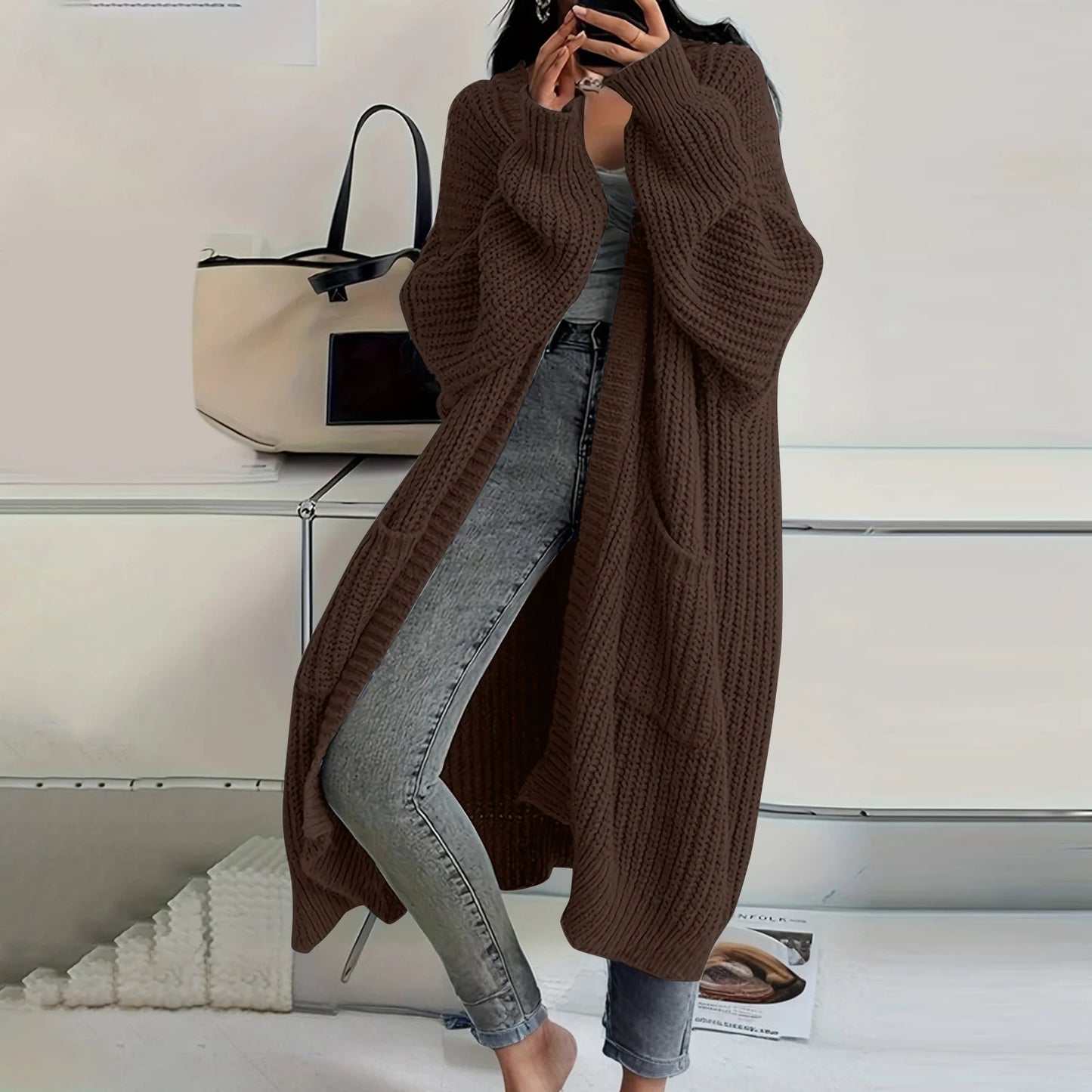 Long Sleeved Knee Length Knitted Overcoat