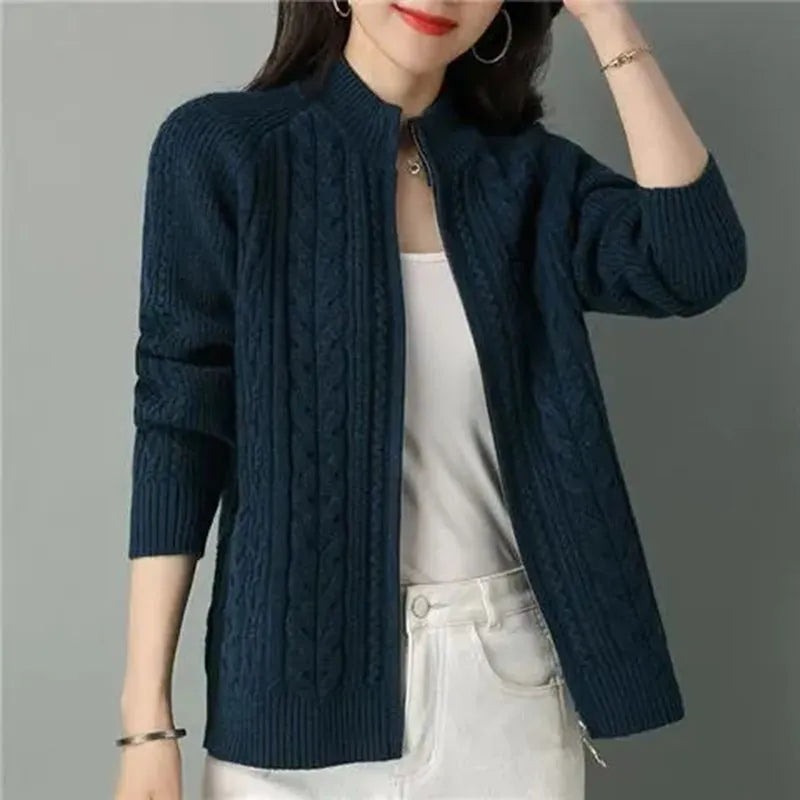 High Collar Zipper Knitted Cardigan