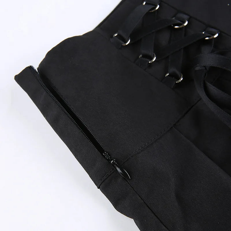 Girl Retro Pleated Skirt Lace Up High Waist Plaid Mesh Stitching Hem Y2K Aesthetic Gothic Black Mini Skirts Bodycon