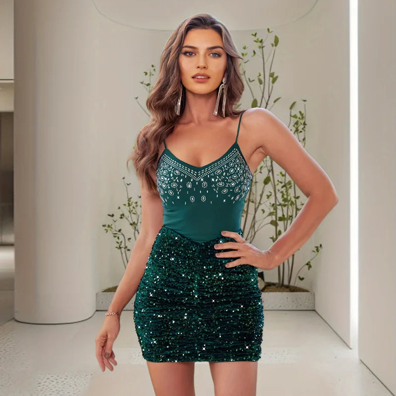 Party Dresses For Woman Sexy High-waisted Evening Dress Patchwork Package Hip Sequin Bodycon Backless Elegant Temperament Trendy