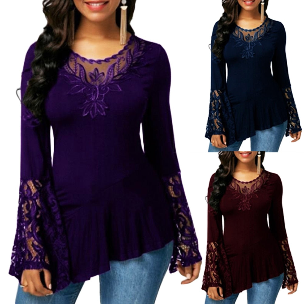 Casual Autumn O Neck Lace Long Sleeve