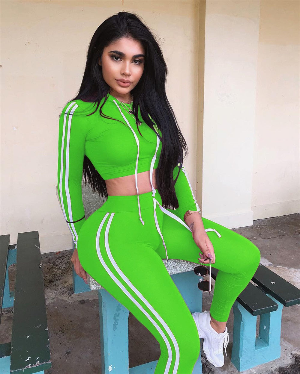 Side Striped Hoodies Cropped Tops and Pants Jogger Set