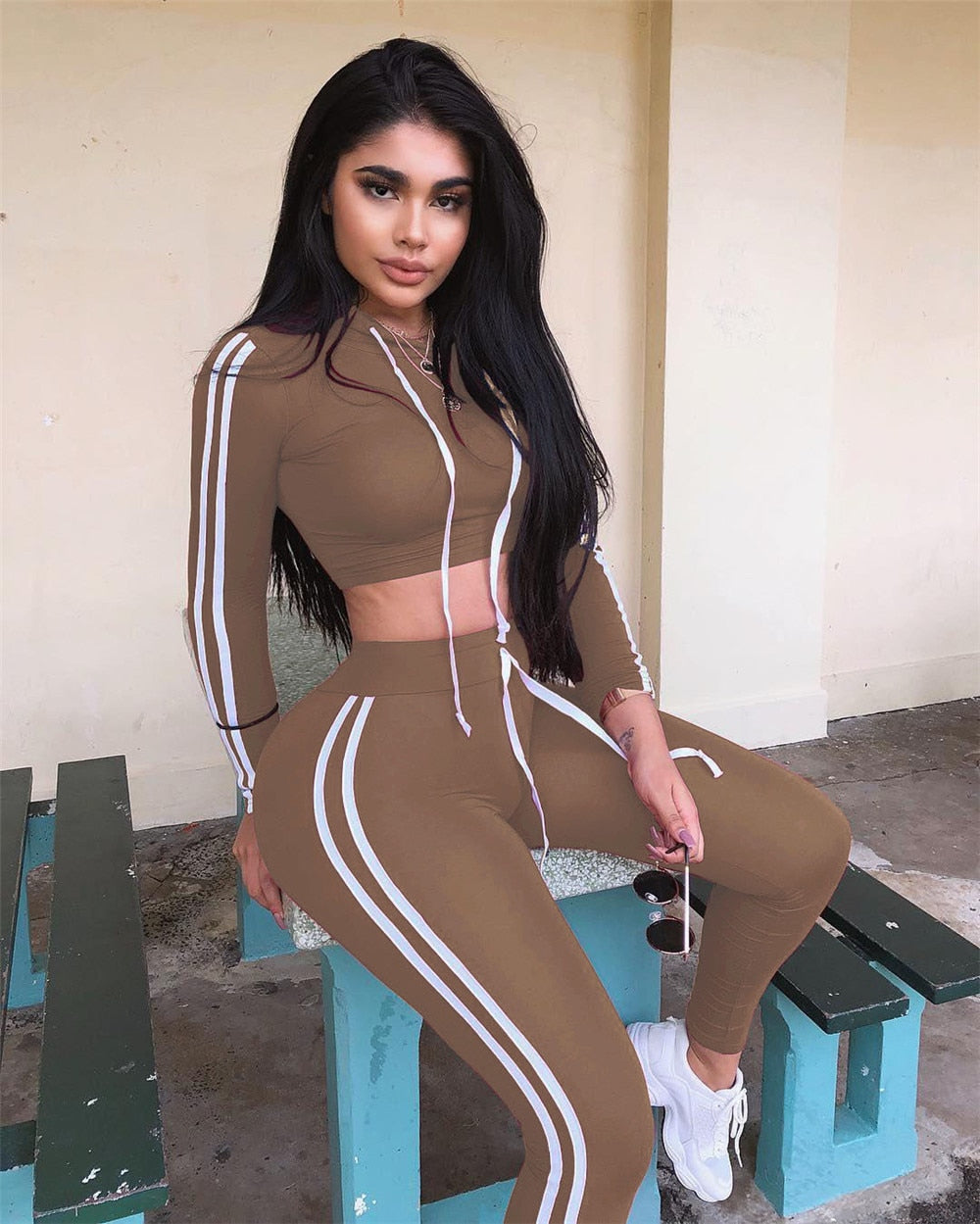 Side Striped Hoodies Cropped Tops and Pants Jogger Set