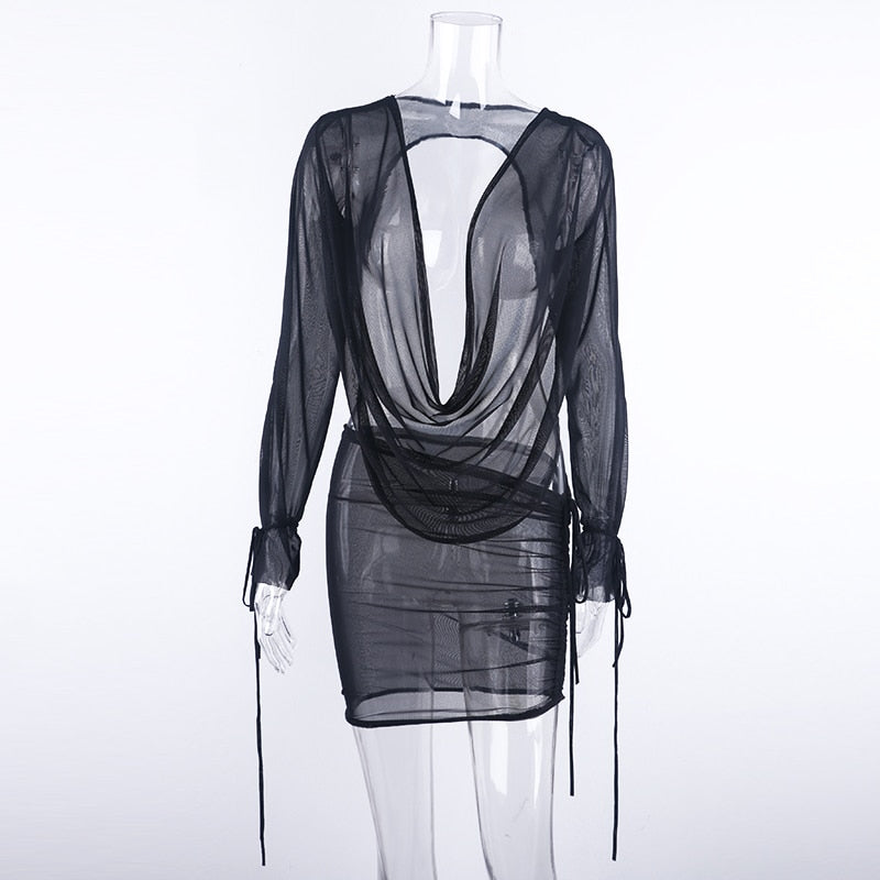 Deep V-neck Long Sleeve Backless Tops + Drawstring Mesh Mini Skirt