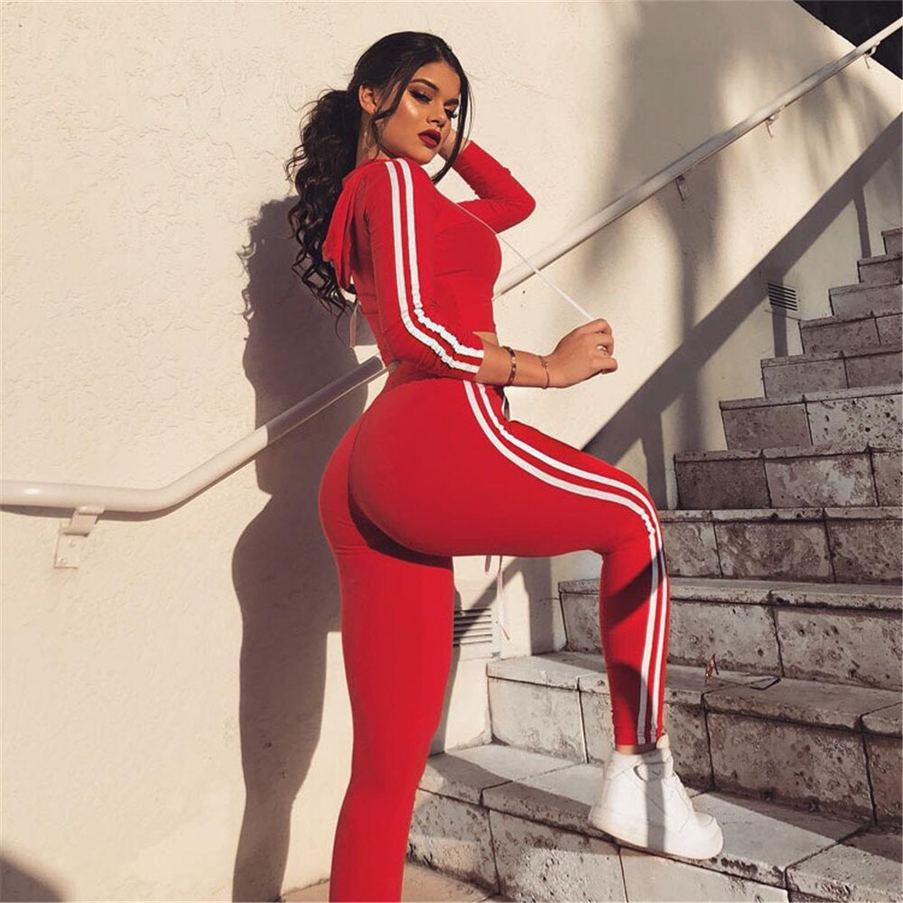 Side Striped Hoodies Cropped Tops and Pants Jogger Set