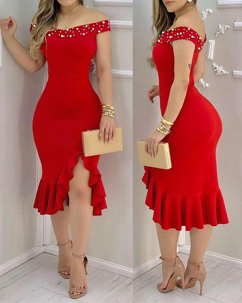 Sexy Shiny Rhinestone Embellished Off Shoulder Bodycon Dress