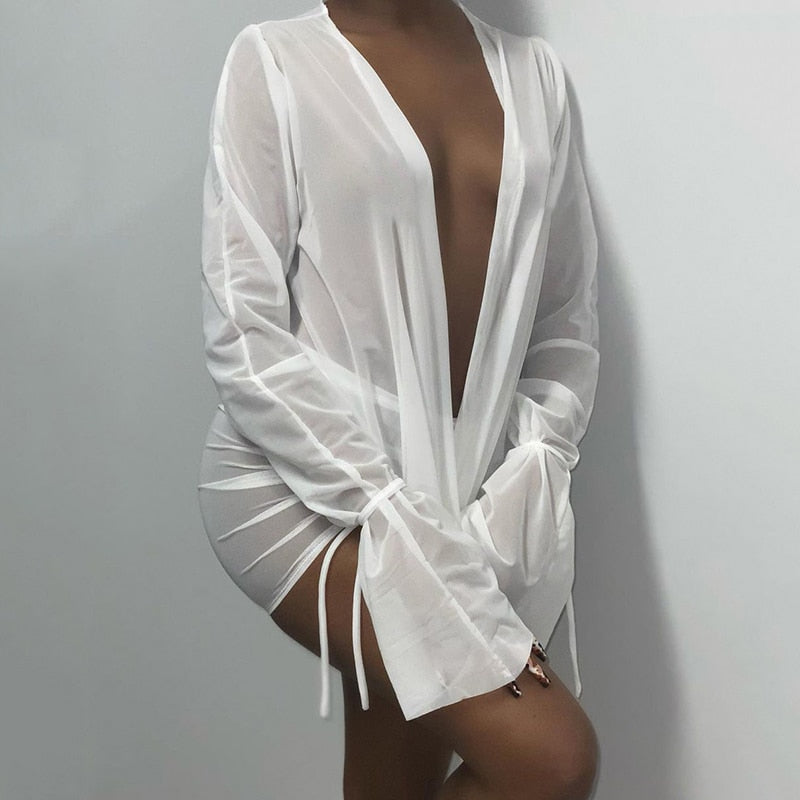 Deep V-neck Long Sleeve Backless Tops + Drawstring Mesh Mini Skirt