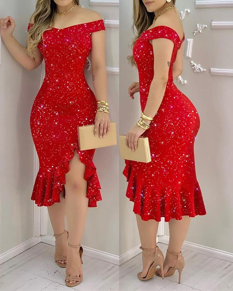 Sexy Shiny Rhinestone Embellished Off Shoulder Bodycon Dress