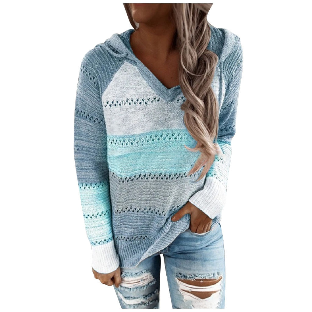 Women's Knitted Contrast Color Hoodies