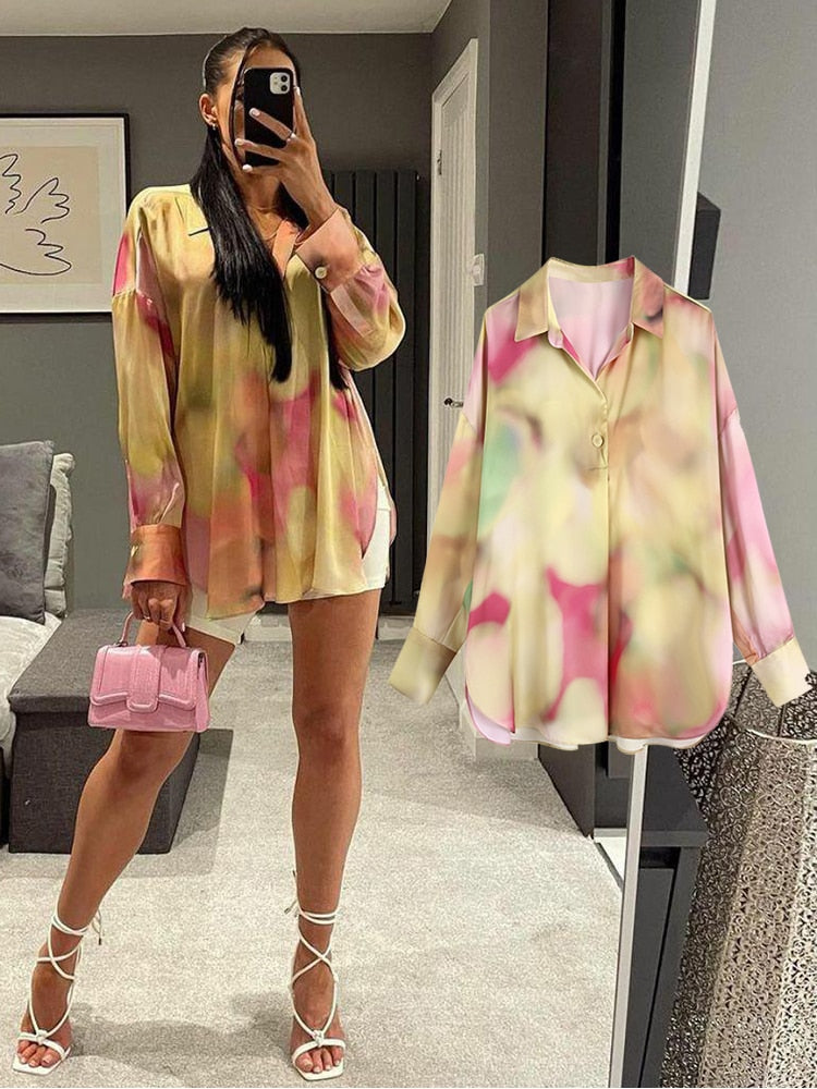 Femme Satin long sleeve print blouse