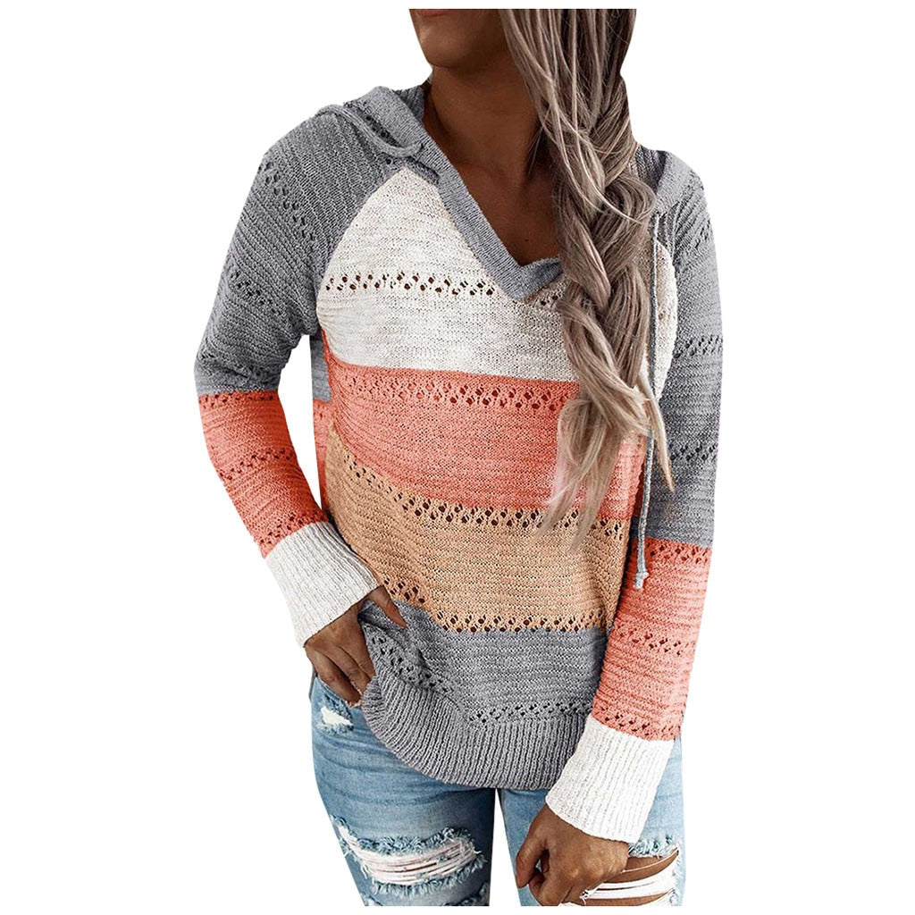 Women's Knitted Contrast Color Hoodies