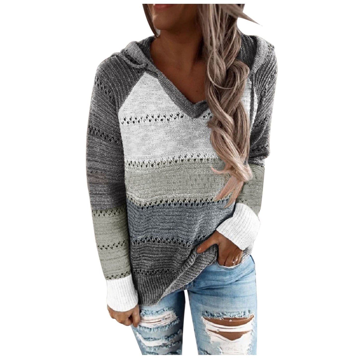 Women's Knitted Contrast Color Hoodies