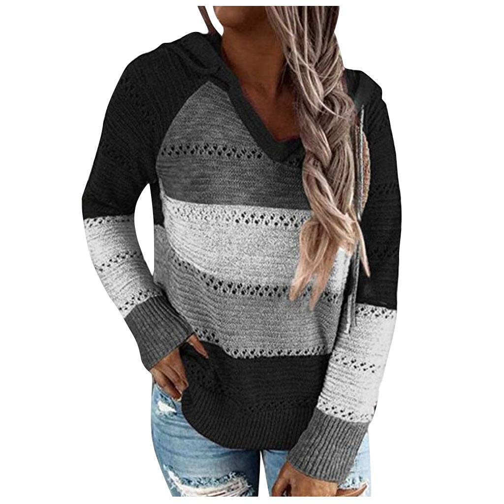 Women's Knitted Contrast Color Hoodies