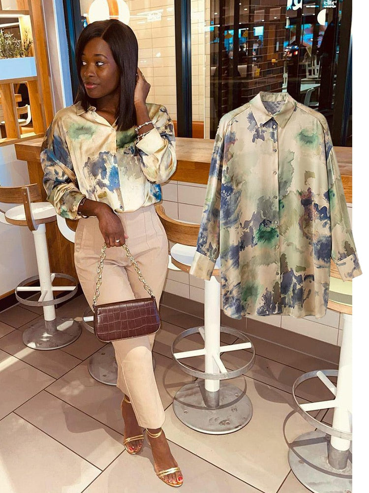 Femme Satin long sleeve print blouse