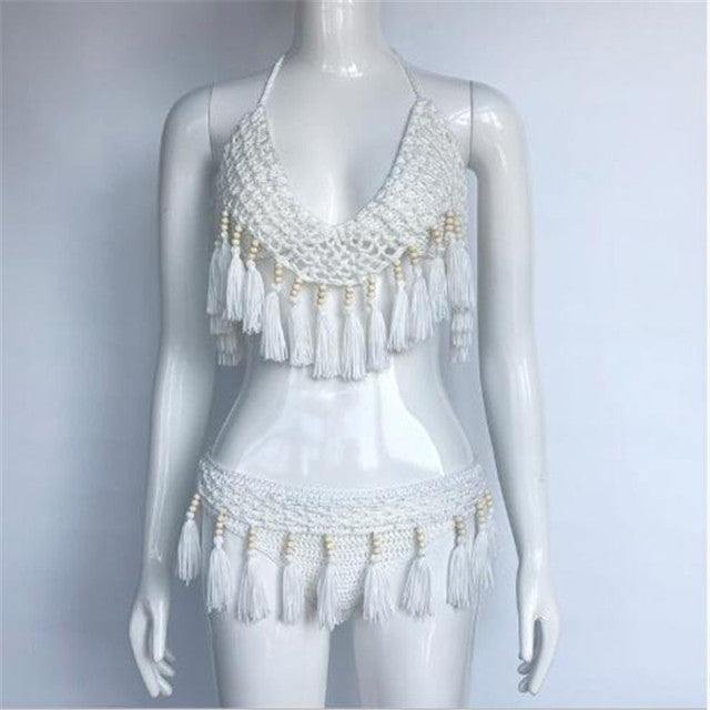 Sexy Crochet Handmade Beading Tassel Swimsuit