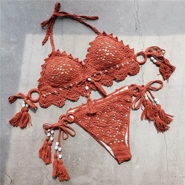 Sexy Crochet Handmade Beading Tassel Swimsuit