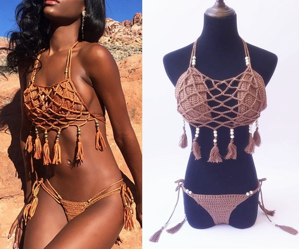 Sexy Crochet Handmade Beading Tassel Swimsuit