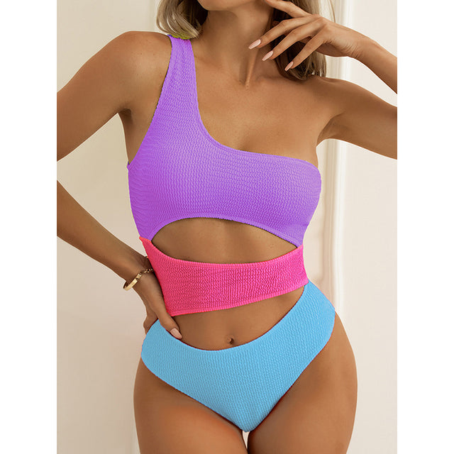 One Shoulder Textured Monokini Solid Bathing Suit