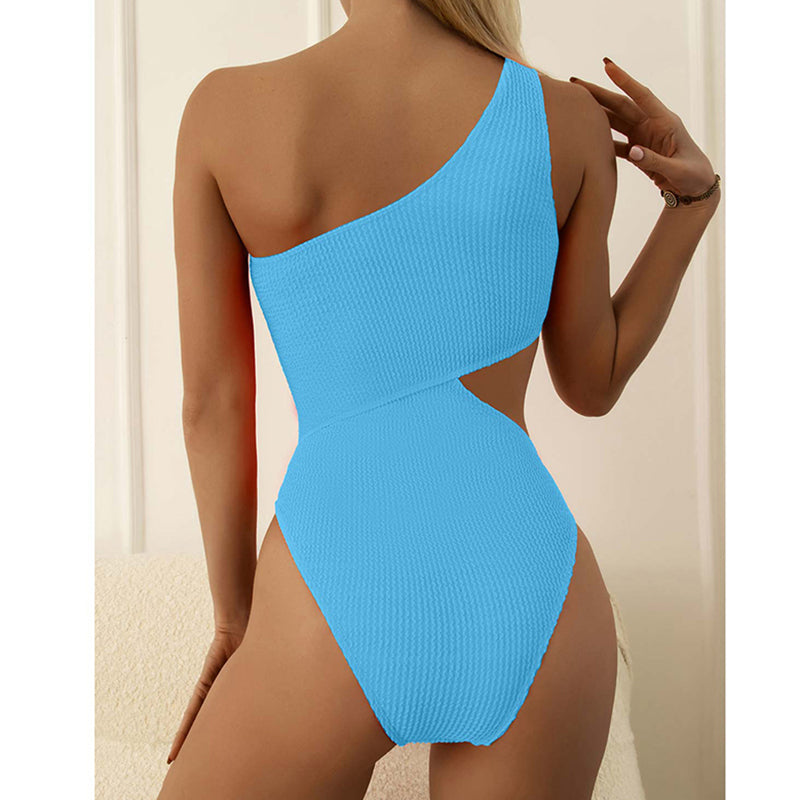 One Shoulder Textured Monokini Solid Bathing Suit