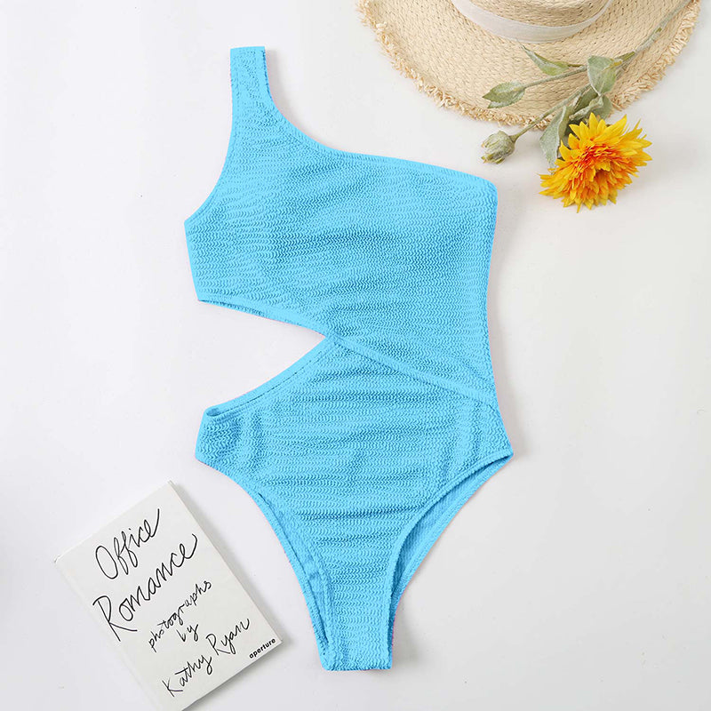 One Shoulder Textured Monokini Solid Bathing Suit