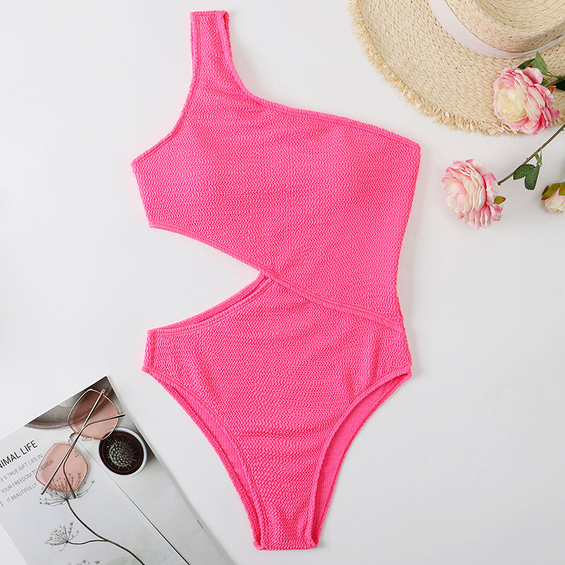 One Shoulder Textured Monokini Solid Bathing Suit