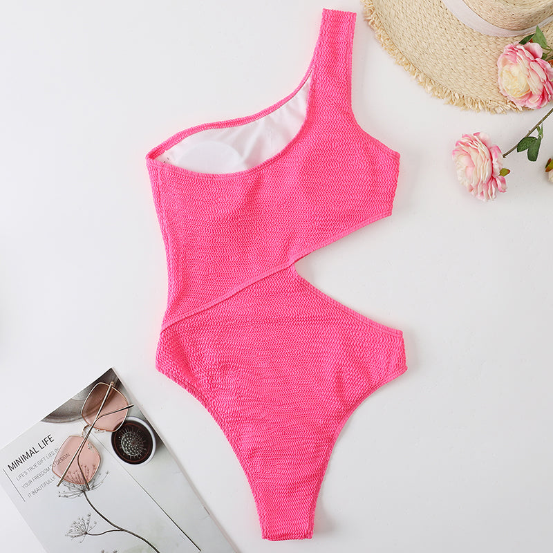 One Shoulder Textured Monokini Solid Bathing Suit