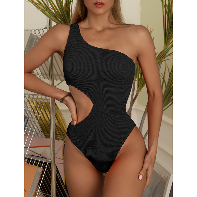 One Shoulder Textured Monokini Solid Bathing Suit