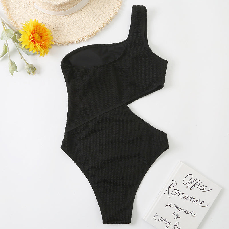 One Shoulder Textured Monokini Solid Bathing Suit