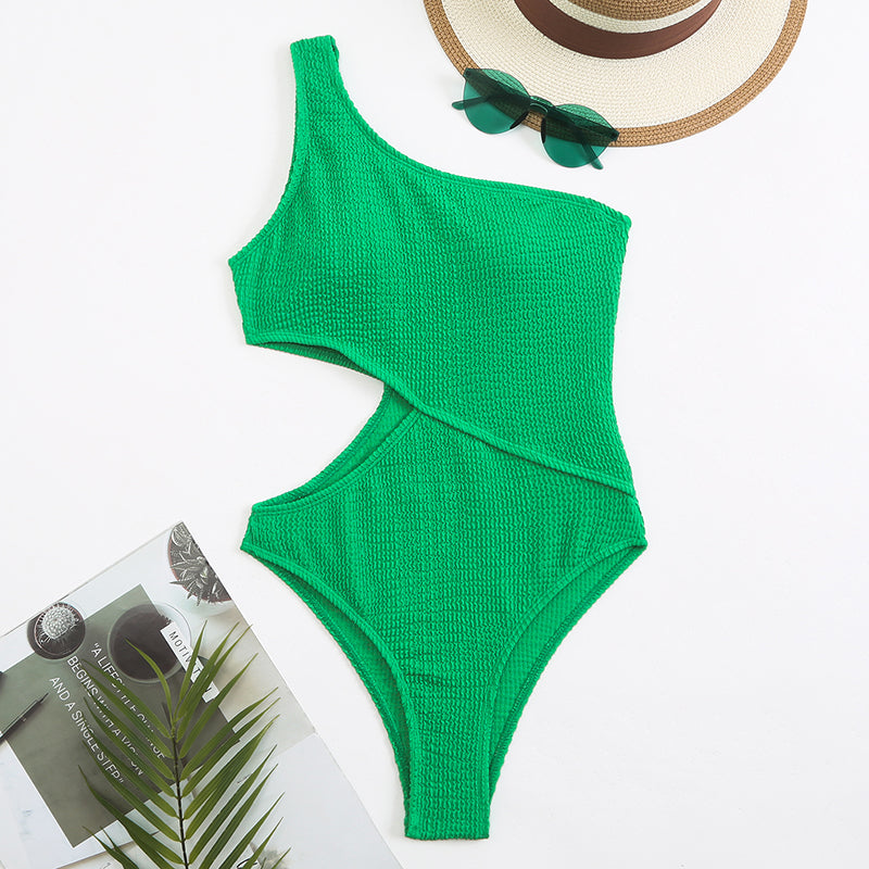 One Shoulder Textured Monokini Solid Bathing Suit